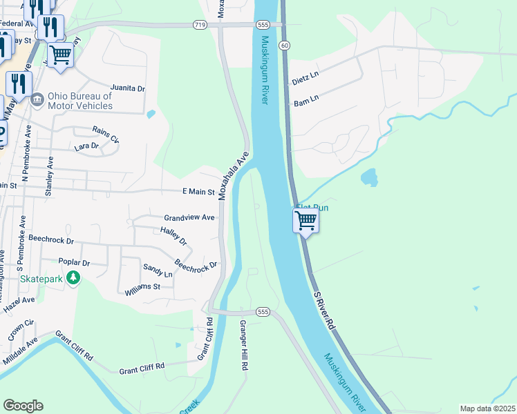 map of restaurants, bars, coffee shops, grocery stores, and more near 2450 Boat Dock Road in Zanesville