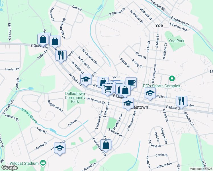 map of restaurants, bars, coffee shops, grocery stores, and more near 28 West Maple Street in Dallastown