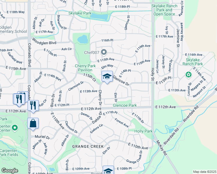 map of restaurants, bars, coffee shops, grocery stores, and more near 11500 Cherry Drive in Thornton