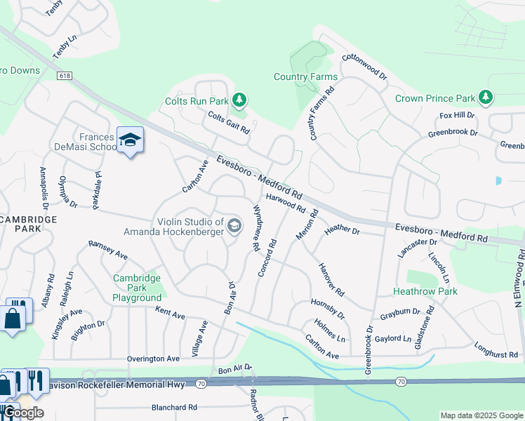 map of restaurants, bars, coffee shops, grocery stores, and more near 123 Wyndmere Road in Evesham