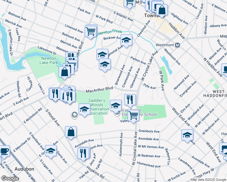 map of restaurants, bars, coffee shops, grocery stores, and more near 2 Macarthur Boulevard in Haddon Township