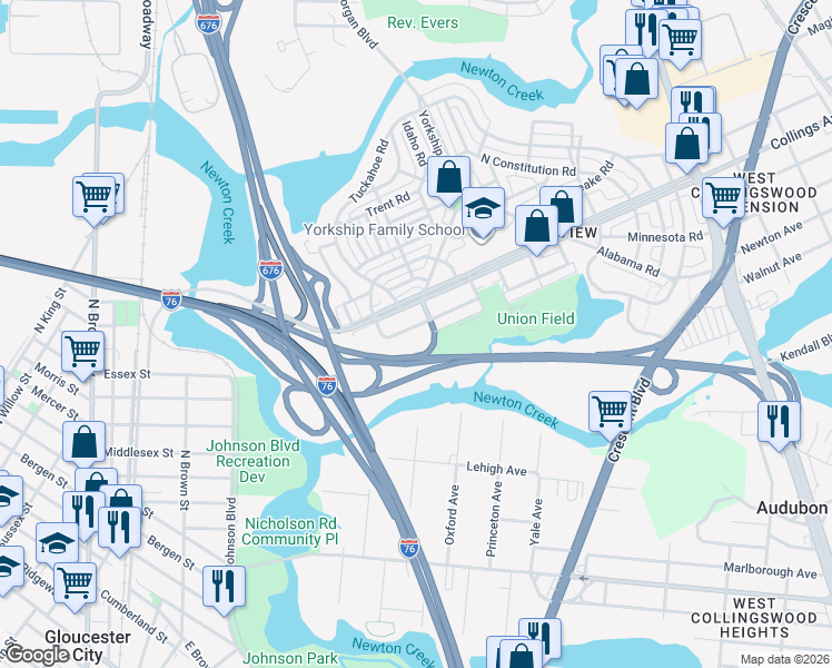 map of restaurants, bars, coffee shops, grocery stores, and more near 1056 South Merrimac Road in Camden