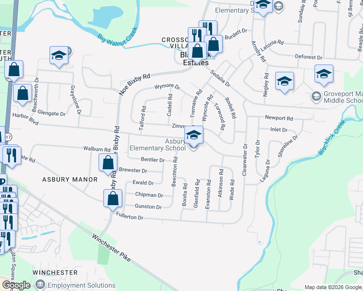 map of restaurants, bars, coffee shops, grocery stores, and more near 3674 Beechton Road in Columbus