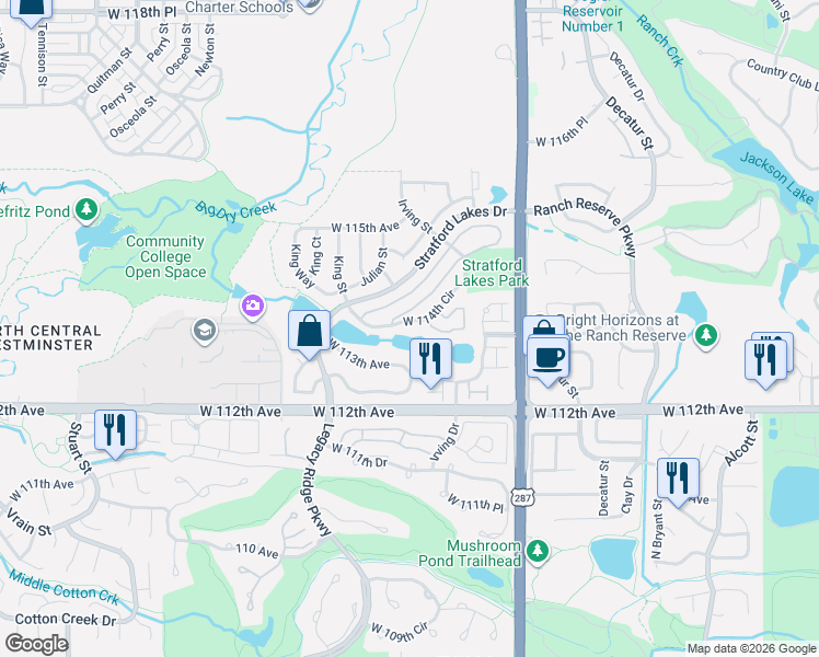 map of restaurants, bars, coffee shops, grocery stores, and more near 3317 West 113th Avenue in Westminster