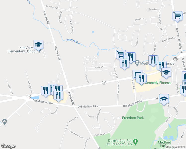 map of restaurants, bars, coffee shops, grocery stores, and more near 161 New Jersey 70 in Medford