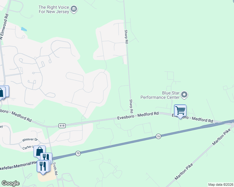 map of restaurants, bars, coffee shops, grocery stores, and more near 18 Carrington Way in Evesham