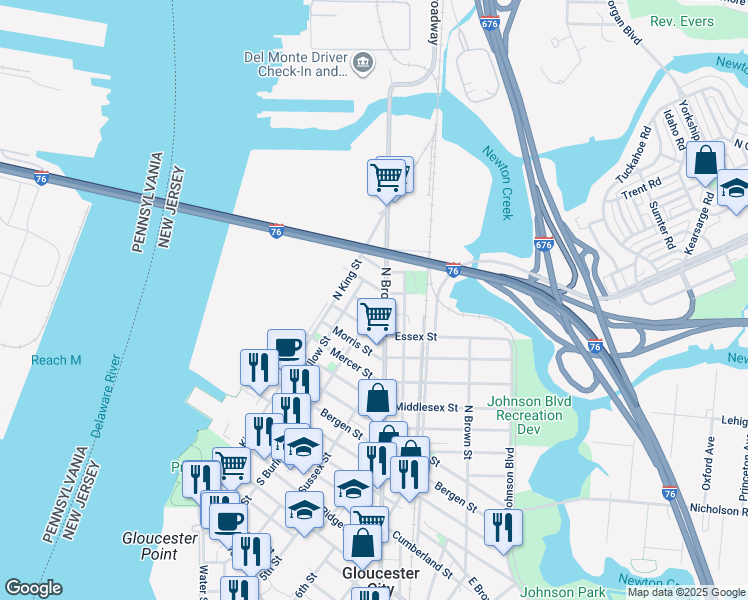 map of restaurants, bars, coffee shops, grocery stores, and more near 318 Broadway in Gloucester City