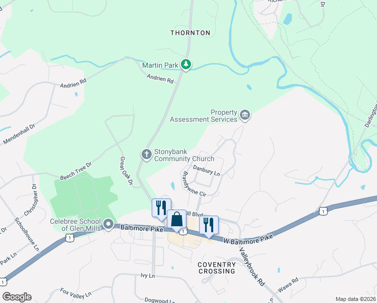 map of restaurants, bars, coffee shops, grocery stores, and more near 77 Bayberry Court in Glen Mills