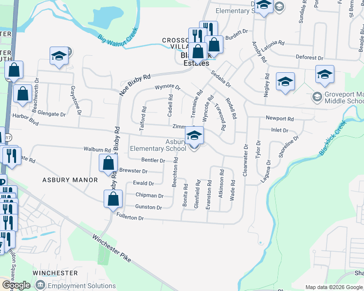map of restaurants, bars, coffee shops, grocery stores, and more near 3674 Beechton Road in Columbus