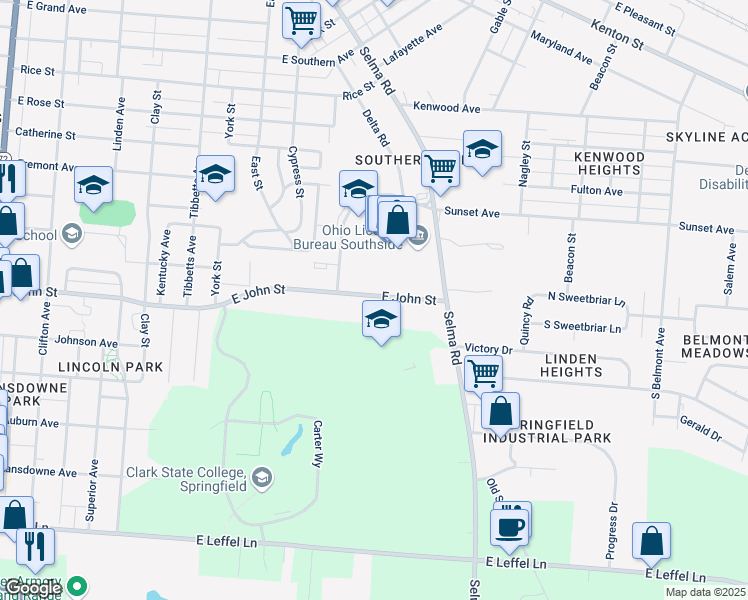 map of restaurants, bars, coffee shops, grocery stores, and more near 1105 East John Street in Springfield