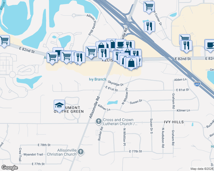 map of restaurants, bars, coffee shops, grocery stores, and more near 5229 East 81st Street in Indianapolis