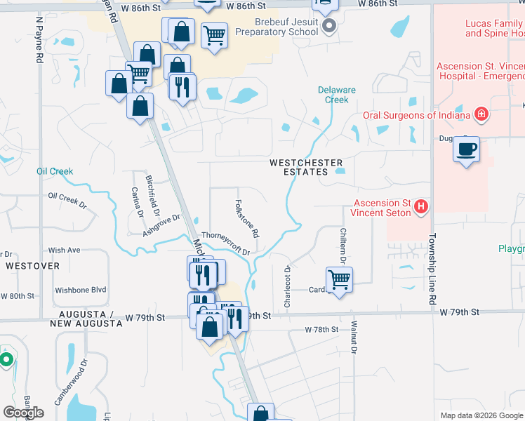 map of restaurants, bars, coffee shops, grocery stores, and more near 8069 Folkstone Road in Indianapolis