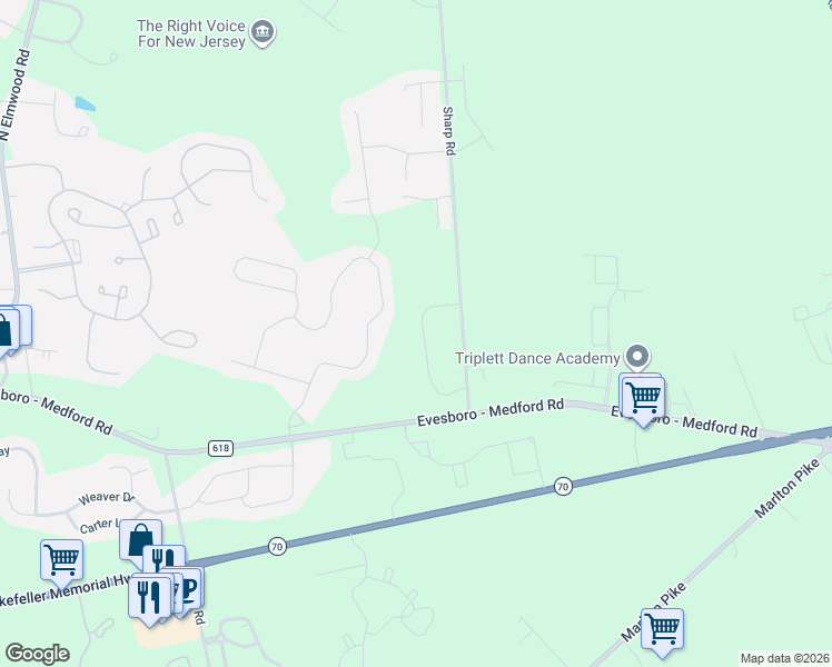 map of restaurants, bars, coffee shops, grocery stores, and more near 21 Carrington Way in Evesham