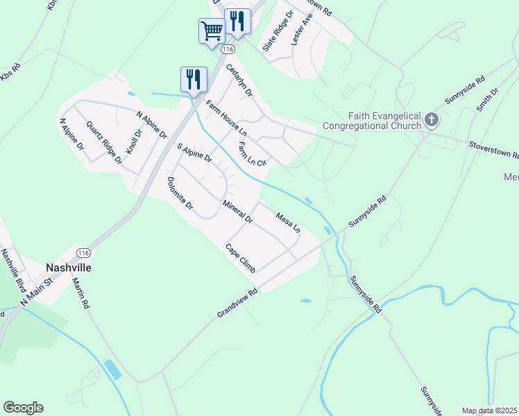 map of restaurants, bars, coffee shops, grocery stores, and more near 300 Mesa Lane in York