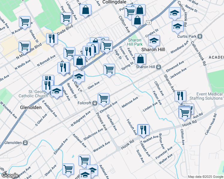 map of restaurants, bars, coffee shops, grocery stores, and more near 219 Folcroft Avenue in Sharon Hill