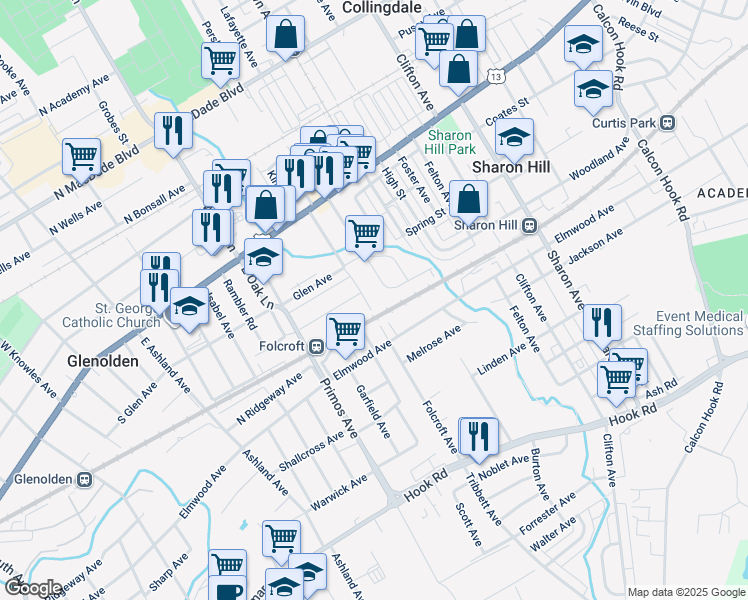 map of restaurants, bars, coffee shops, grocery stores, and more near 219 Folcroft Avenue in Sharon Hill