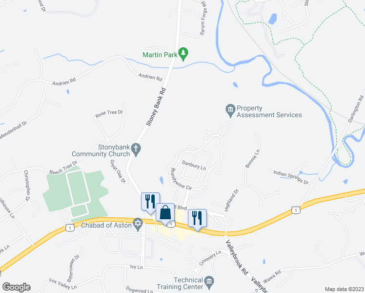 map of restaurants, bars, coffee shops, grocery stores, and more near 98 Briarcliff Court in Glen Mills
