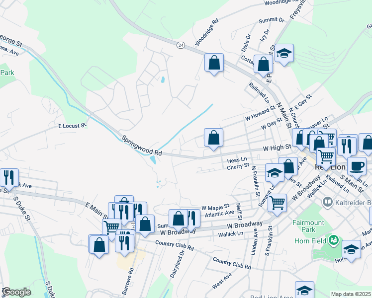 map of restaurants, bars, coffee shops, grocery stores, and more near 140 Valley Drive in Red Lion