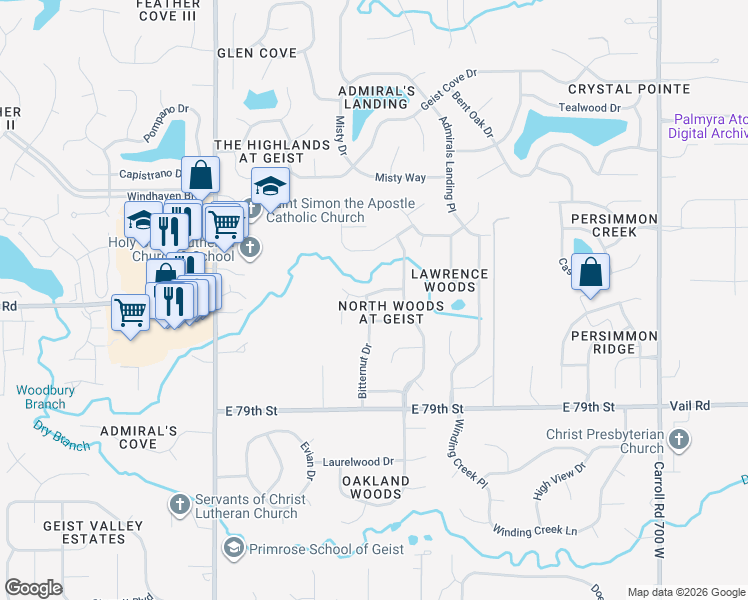 map of restaurants, bars, coffee shops, grocery stores, and more near 12128 Whitebark Drive in Indianapolis