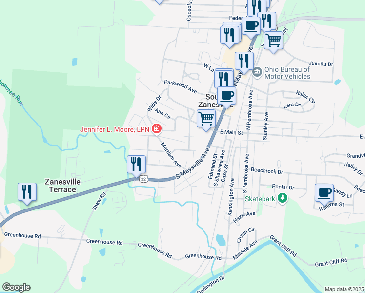 map of restaurants, bars, coffee shops, grocery stores, and more near 6 Miller Street in Zanesville