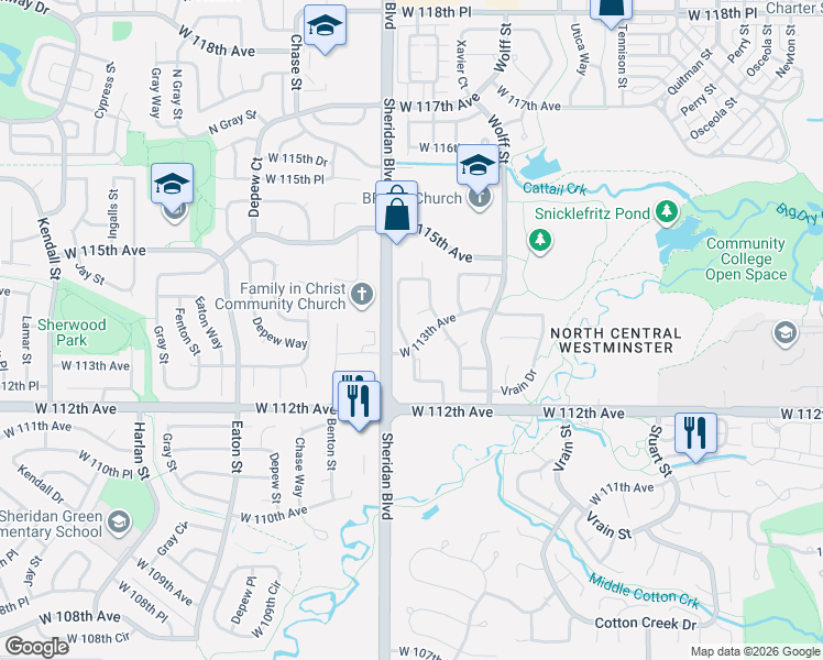 map of restaurants, bars, coffee shops, grocery stores, and more near 11394 Xavier Drive in Westminster