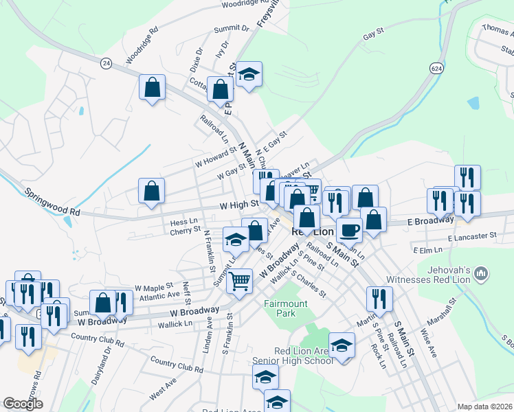 map of restaurants, bars, coffee shops, grocery stores, and more near 40 Hess Lane in Red Lion