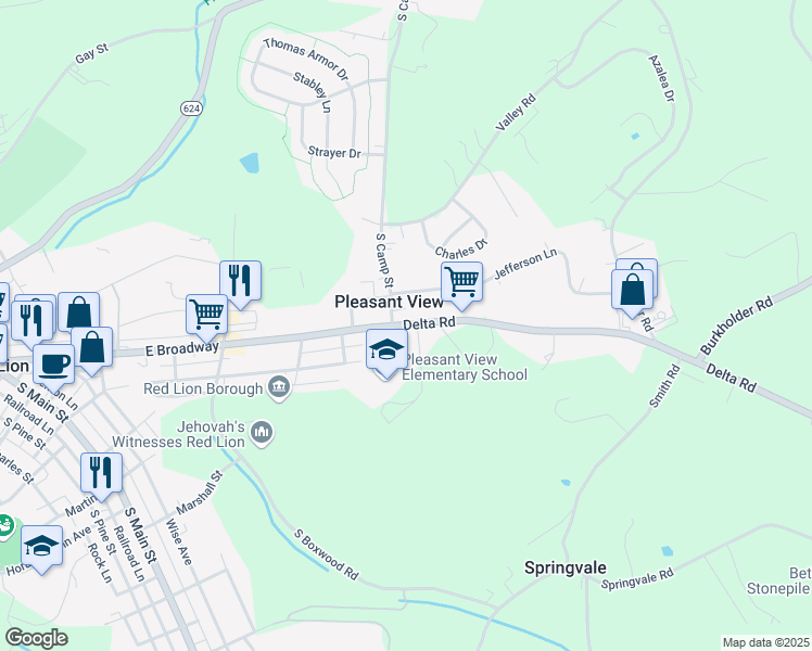 map of restaurants, bars, coffee shops, grocery stores, and more near 700 Delta Road in Red Lion