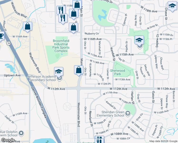 map of restaurants, bars, coffee shops, grocery stores, and more near 11353 Newland Street in Broomfield