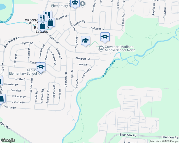 map of restaurants, bars, coffee shops, grocery stores, and more near 3740 Shoreline Drive in Columbus