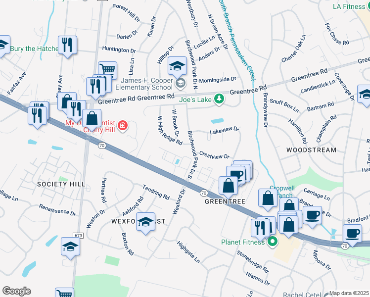 map of restaurants, bars, coffee shops, grocery stores, and more near 2 West High Ridge Road in Cherry Hill Township