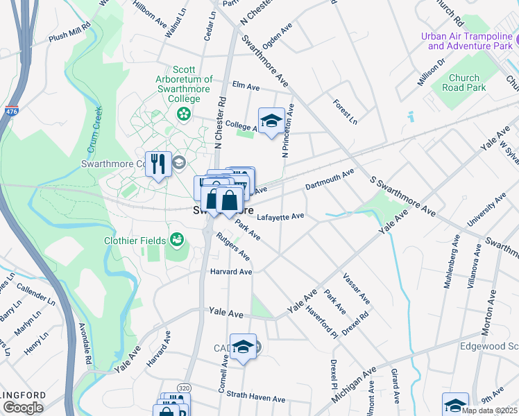 map of restaurants, bars, coffee shops, grocery stores, and more near 318 Dartmouth Avenue in Swarthmore