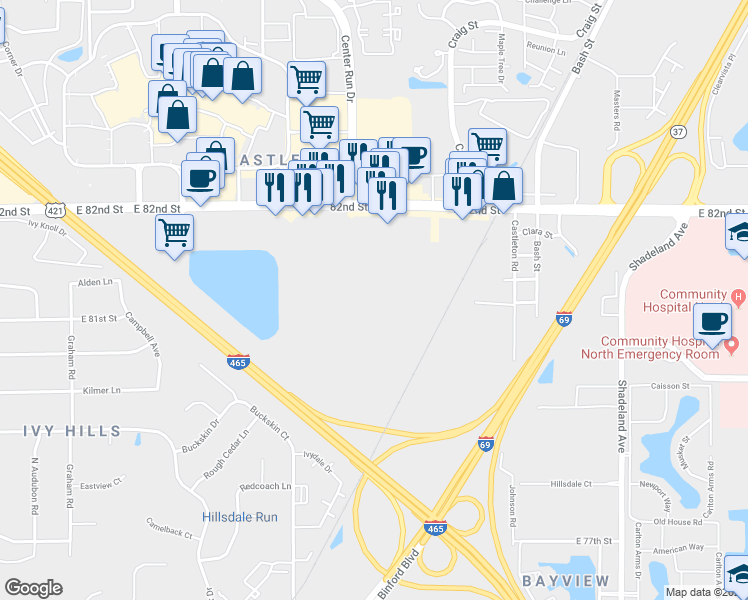 map of restaurants, bars, coffee shops, grocery stores, and more near 6402 Castleplace Drive in Indianapolis