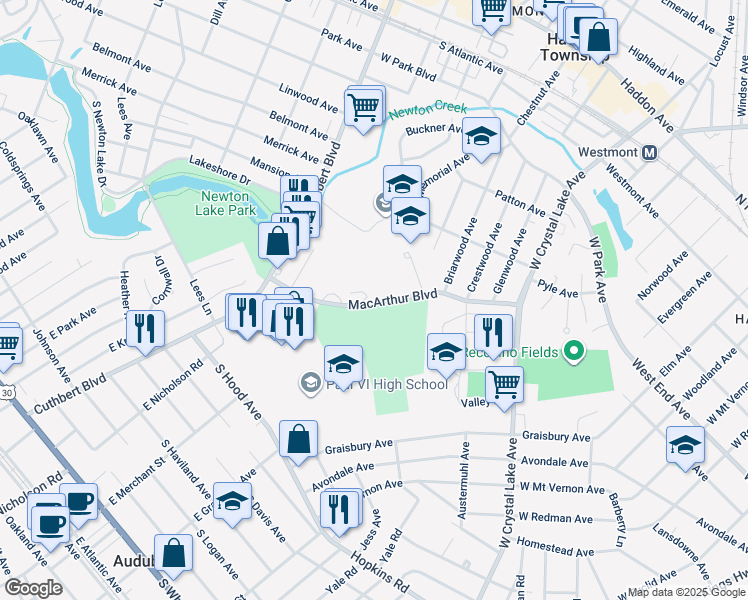 map of restaurants, bars, coffee shops, grocery stores, and more near 250 Macarthur Boulevard in Haddon Township