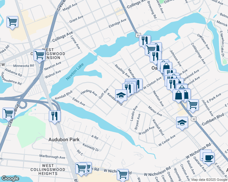 map of restaurants, bars, coffee shops, grocery stores, and more near 127 Kendall Boulevard in Oaklyn