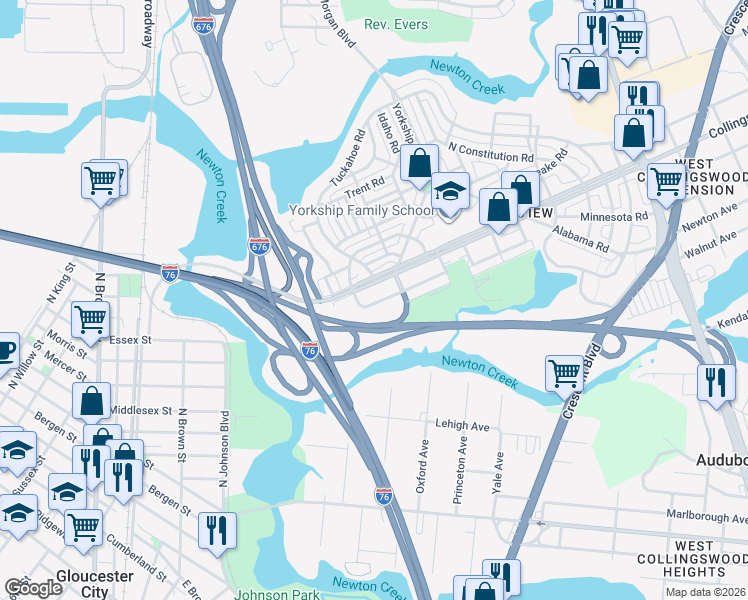 map of restaurants, bars, coffee shops, grocery stores, and more near 1056 South Merrimac Road in Camden