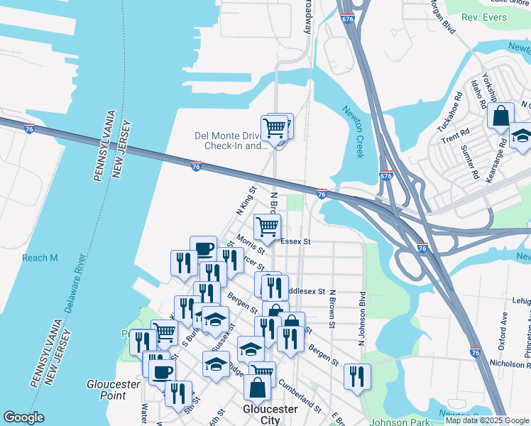 map of restaurants, bars, coffee shops, grocery stores, and more near 318 Broadway in Gloucester City