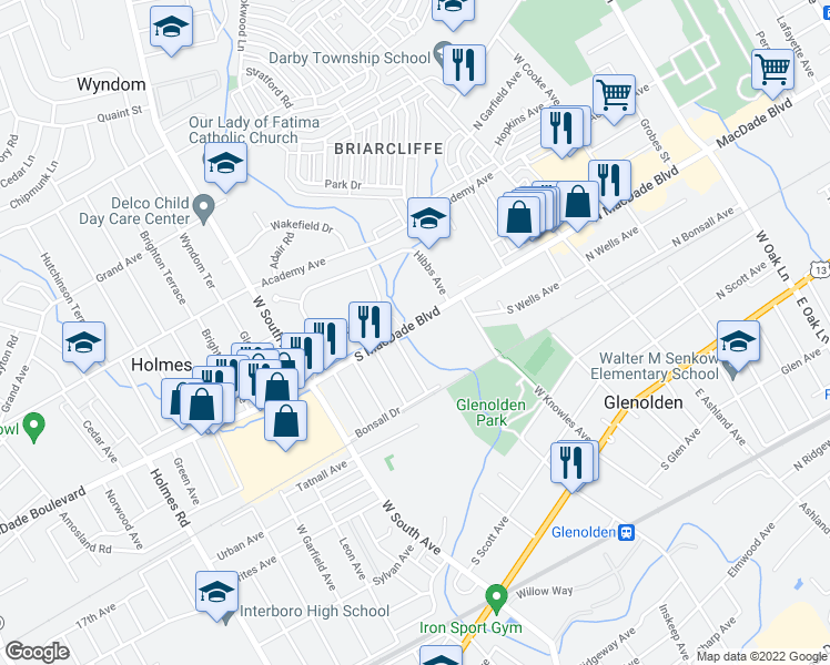 map of restaurants, bars, coffee shops, grocery stores, and more near 418 Dalmas Avenue in Glenolden