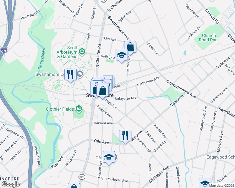 map of restaurants, bars, coffee shops, grocery stores, and more near 129 Park Avenue in Swarthmore