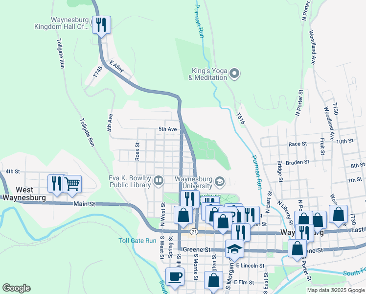 map of restaurants, bars, coffee shops, grocery stores, and more near 511 North Richhill Street in Waynesburg
