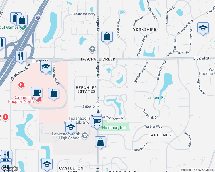 map of restaurants, bars, coffee shops, grocery stores, and more near 7828 Cardinal Cove North in Indianapolis