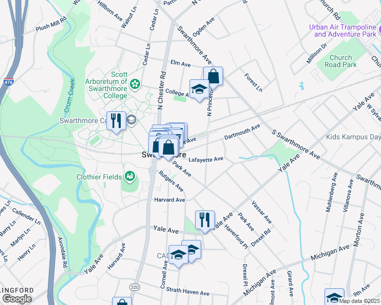 map of restaurants, bars, coffee shops, grocery stores, and more near 318 Dartmouth Avenue in Swarthmore