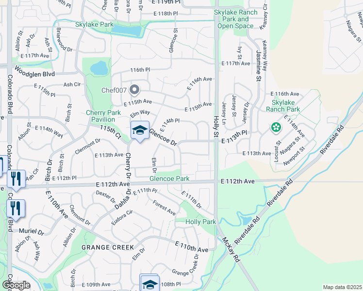 map of restaurants, bars, coffee shops, grocery stores, and more near 5324 East 113th Avenue in Thornton