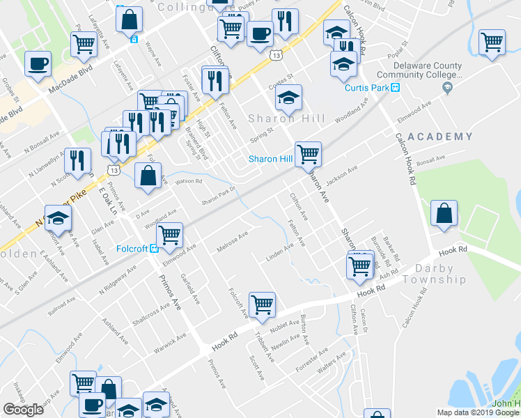 map of restaurants, bars, coffee shops, grocery stores, and more near 1323 Elmwood Avenue in Sharon Hill