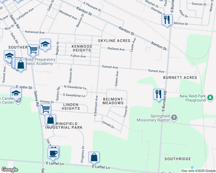 map of restaurants, bars, coffee shops, grocery stores, and more near 2030 Sweetbriar Lane in Springfield