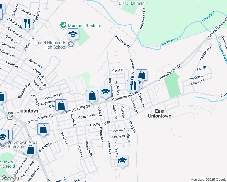 map of restaurants, bars, coffee shops, grocery stores, and more near 355 Connellsville Street in Uniontown