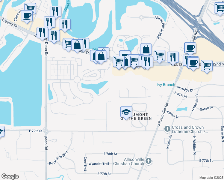 map of restaurants, bars, coffee shops, grocery stores, and more near 4705 Ellery Lane in Indianapolis