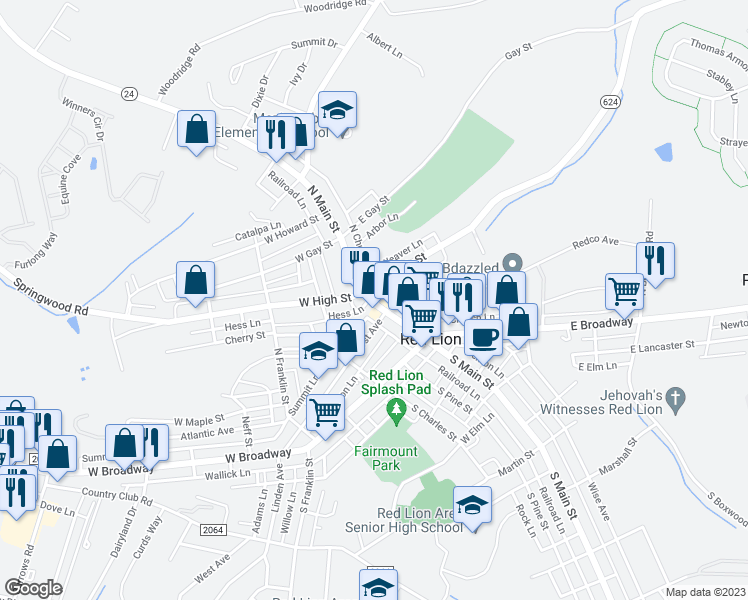 map of restaurants, bars, coffee shops, grocery stores, and more near 79 North Main Street in Red Lion