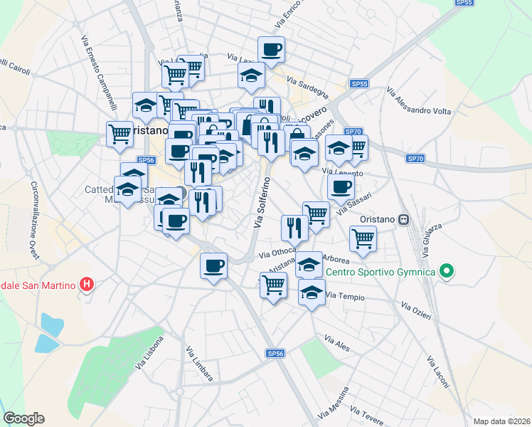 map of restaurants, bars, coffee shops, grocery stores, and more near 53 Via Giovanni Maria Angioy in Oristano