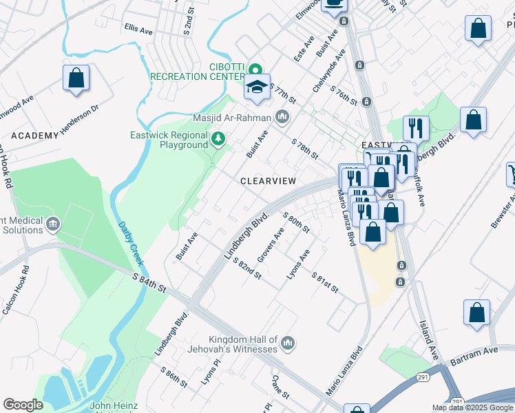 map of restaurants, bars, coffee shops, grocery stores, and more near 8013 Lindbergh Boulevard in Philadelphia