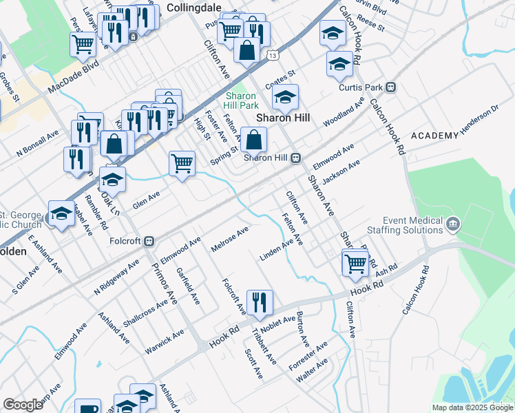 map of restaurants, bars, coffee shops, grocery stores, and more near 1323 Elmwood Avenue in Sharon Hill